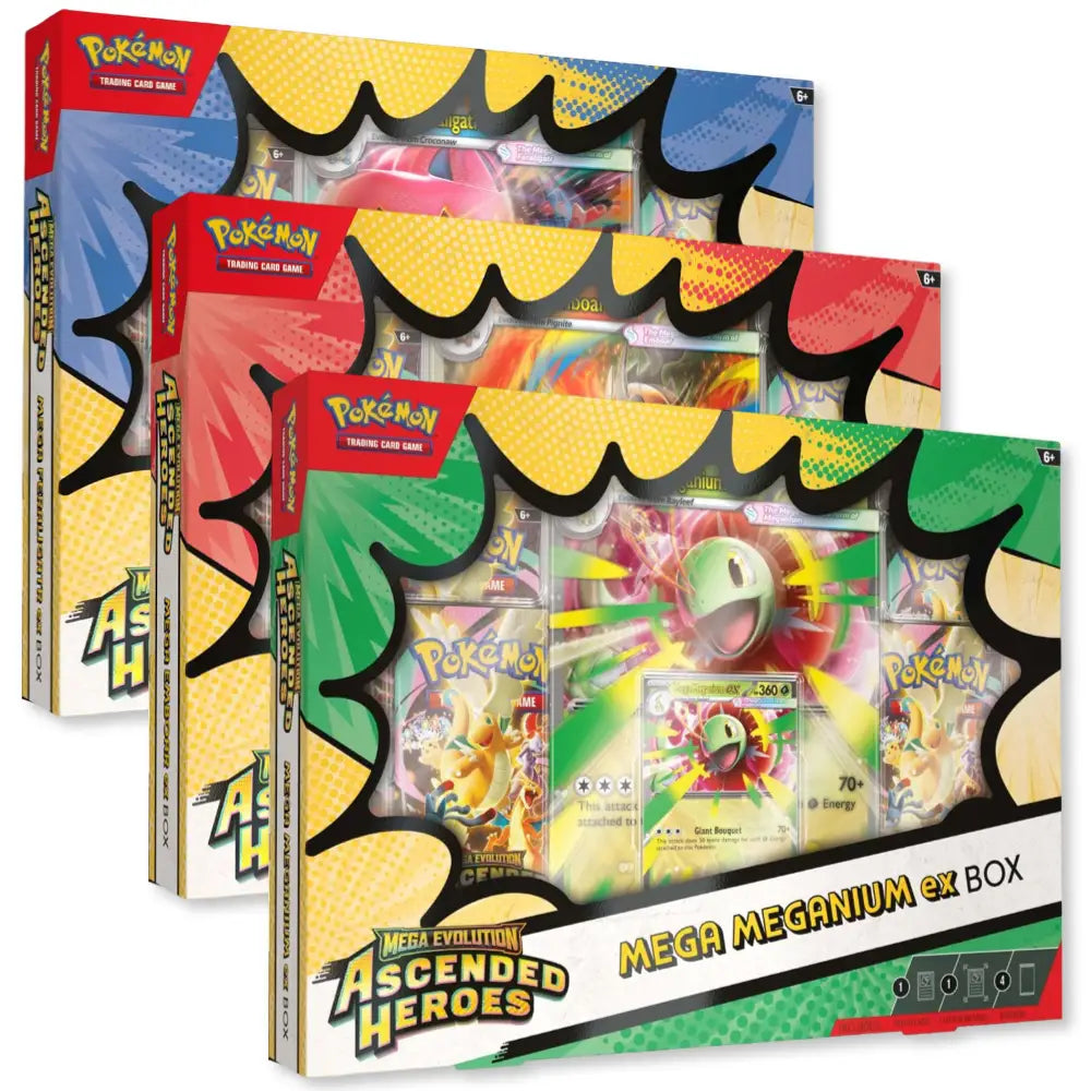 Pokemon Ascended Heroes – drei Mega ex Boxen gestapelt: Mega Meganium ex (gruen), Mega Emboar ex (rot) und Mega Feraligatr ex (blau)