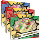 Pokemon Ascended Heroes – drei Mega ex Boxen gestapelt: Mega Meganium ex (gruen), Mega Emboar ex (rot) und Mega Feraligatr ex (blau)