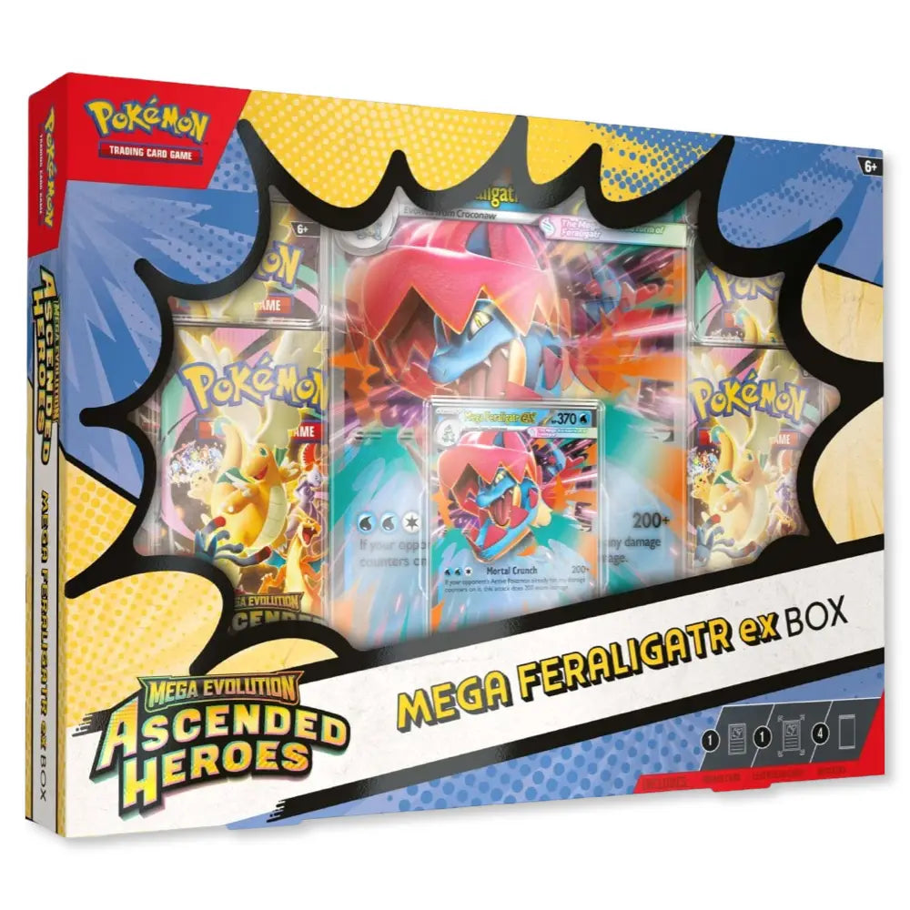 Pokemon Ascended Heroes Mega Feraligatr ex Box – Frontansicht mit Foil-Promo-Karte, 370 KP, Mortal Crunch und vier Boostern