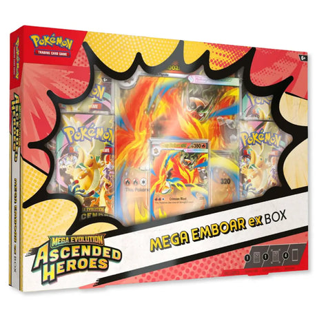 Pokemon Ascended Heroes Mega Emboar ex Box – Frontansicht mit Foil-Promo-Karte, 380 KP, Crimson Blast und vier Boostern