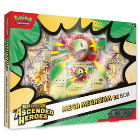 Pokemon Ascended Heroes Mega Meganium ex Box – Frontansicht mit Foil-Promo-Karte, 360 KP, Giant Bouquet und vier Boostern