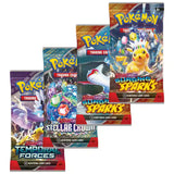 Pokemon Azure Legends Tin – 4 Booster Packs aus Temporal Forces, Stellar Crown und Surging Sparks aufgefaechert