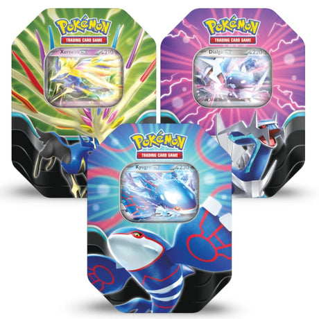 Pokemon Azure Legends Tin – Alle drei Varianten: Kyogre ex, Xerneas ex und Dialga ex Tins nebeneinander