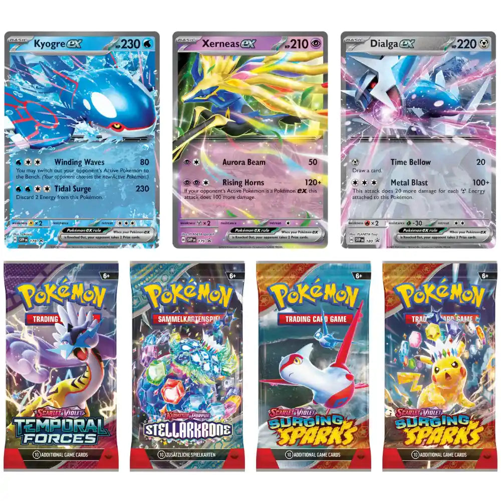 Pokemon Azure Legends Tin Inhalt – Alle 3 SVP Promo-Karten und 4 Booster aus Temporal Forces, Stellar Crown und Surging Sparks