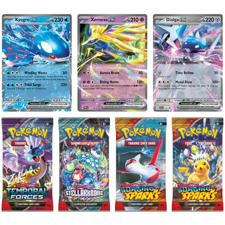 Pokemon Azure Legends Tin Inhalt – Alle 3 SVP Promo-Karten und 4 Booster aus Temporal Forces, Stellar Crown und Surging Sparks