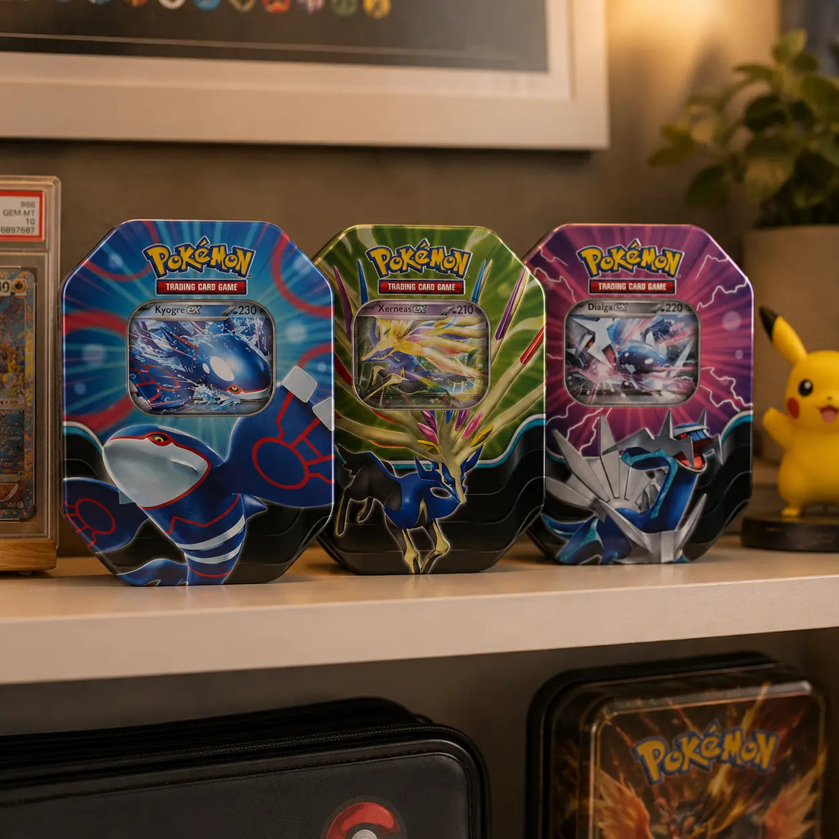 Pokemon Azure Legends Tin auf Sammlerbrett – Alle drei Varianten mit CGC-Slab und Pikachu-Figur im Hintergrund