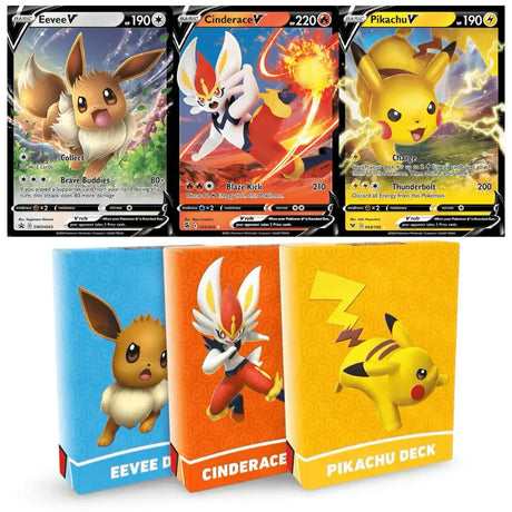 Pokemon Battle Academy Box 2022 – drei V-Promo-Karten (Eevee V, Cinderace V, Pikachu V) und drei Deck-Boxen