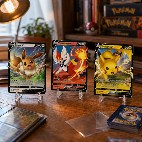 Pokemon Battle Academy 2022 – Eevee V, Cinderace V und Pikachu V Stamp-Promo-Karten in Kartenhaltern