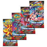 Pokemon Chaos Rising Booster – vier aufgefaecherte Chaos Rising Packs mit verschiedenen Artworks, Mega Evolution