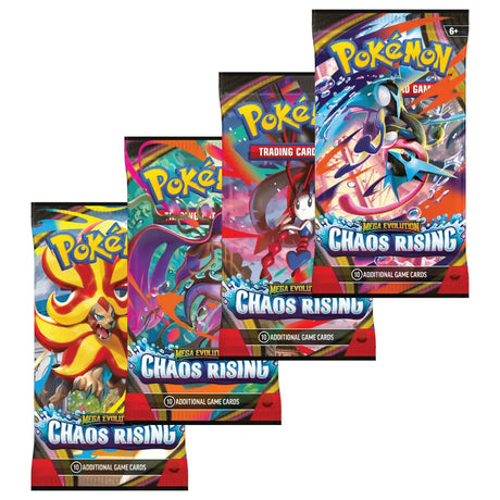 Pokemon Chaos Rising Booster – vier aufgefaecherte Chaos Rising Packs mit verschiedenen Artworks, Mega Evolution