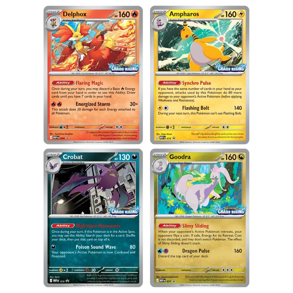 Pokemon Chaos Rising Foil-Promos – alle vier moeglichen Karten: Delphox 074, Ampharos 075, Crobat 076 und Goodra 077
