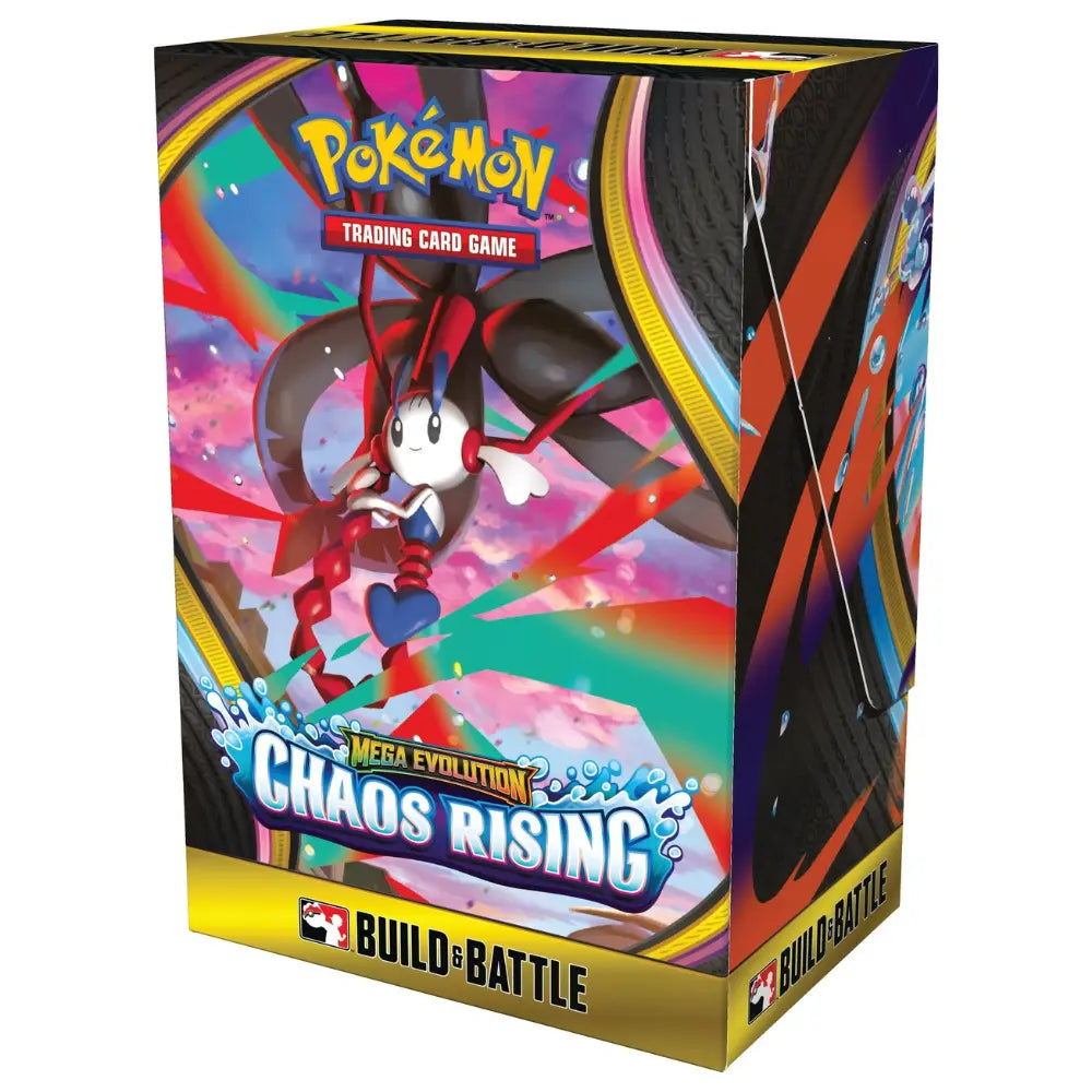 Pokemon Chaos Rising Build & Battle Kit – seitliche Ansicht der Box mit Cutiefly-Artwork und Mega Evolution Chaos Rising Branding