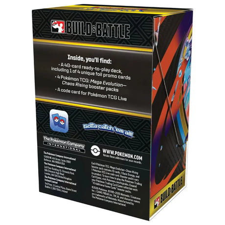 Pokemon Chaos Rising Build & Battle Kit – Rueckseite der Box mit Inhaltsliste: 40-Karten Deck, 4 Foil-Promo Varianten und 4 Booster