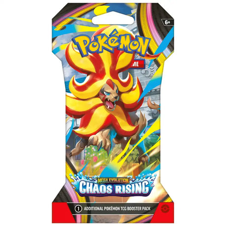 Pokemon Chaos Rising Sleeved Booster – Artwork mit Mega Pyroar ex, gelb-oranger Hintergrund