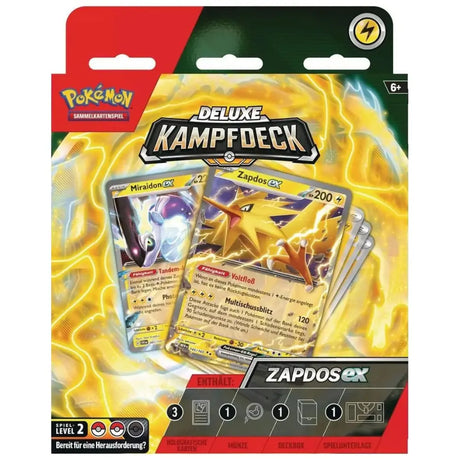 Pokemon Deluxe Kampfdeck Zapdos ex – Box-Front mit Zapdos ex und Miraidon ex
