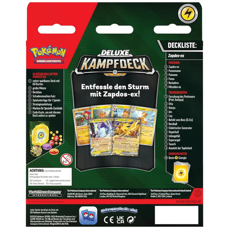 Rückseite des Deluxe Kampfdecks Zapdos ex mit vollständiger Deckliste