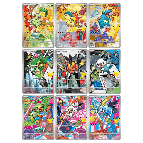Alle 9 Illustration-Rare-Promo-Starter der Ersten Partner Illustrations-Kollektion Serie 2: Chikorita, Feurigel, Karnimani, Serpifeu, Floink, Ottaro, Chimpep, Hopplo, Memmeon