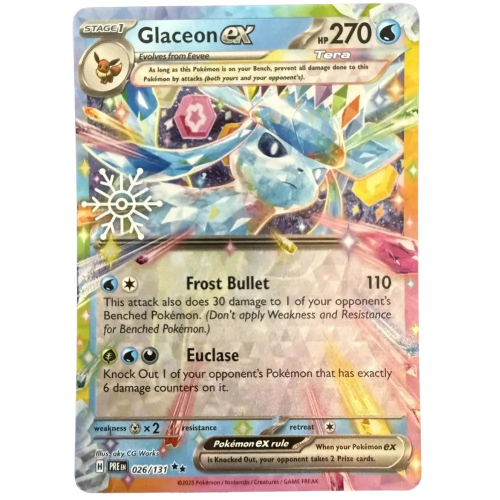 Pokemon Glaceon ex PRE 026/131 mit Schneeflocken-Stempel – Double Rare Tera-Artwork aus Prismatic Evolutions, Near Mint, Englisch