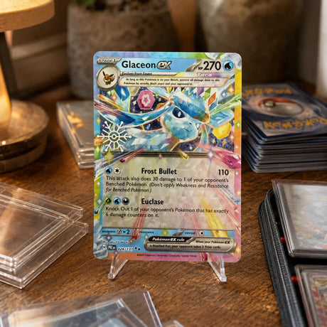 Pokemon Glaceon ex PRE 026/131 Schneeflocken-Stempel-Promo in Acryl-Kartenstaender auf Holztisch – Sammlerpraesentation bei CardsRfun