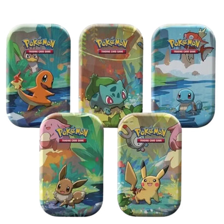 Alle 5 Pokemon Kanto Friends Mini Tins – Glumanda, Bisasam, Schiggy, Evoli und Pikachu auf weißem Hintergrund