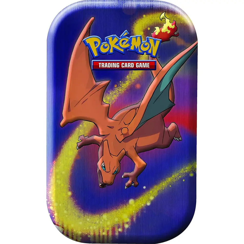 Pokemon Kanto Power Mini Tin Glurak – Nahaufnahme mit dynamischem Artwork auf blau-lila Hintergrund