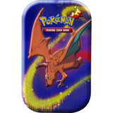 Pokemon Kanto Power Mini Tin Glurak – Nahaufnahme mit dynamischem Artwork auf blau-lila Hintergrund