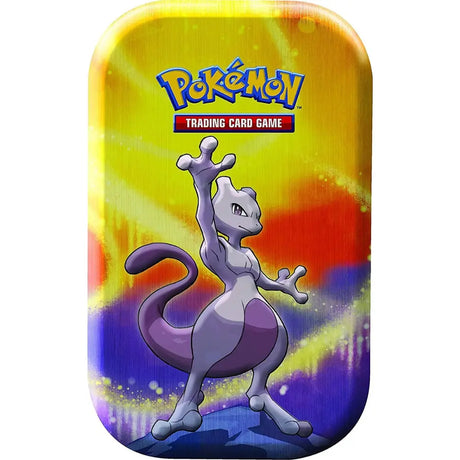 Pokemon Kanto Power Mini Tin Mewtu – Nahaufnahme mit dramatischer Pose auf gelbem Hintergrund