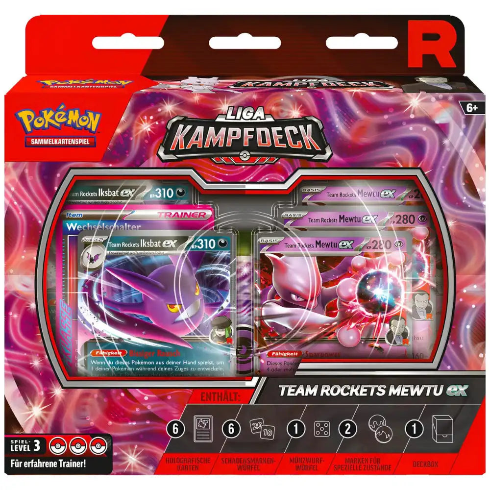 Pokemon Liga Kampfdeck Team Rockets Mewtu ex (DE) – Vollstaendige Box-Frontansicht mit Inhaltsuebersicht