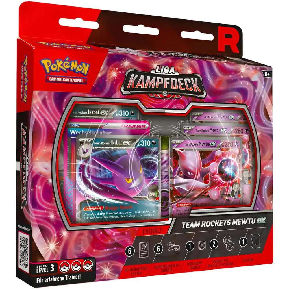 Pokemon Liga Kampfdeck Team Rockets Mewtu ex (DE) – Box Front mit Kartenauslage, Iksbat ex 310 HP und Mewtu ex 280 HP sichtbar