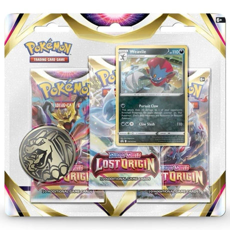 Pokemon Lost Origin 3-Pack Blister Weavile-Variante – SWSH 246 Foil-Promo mit drei Lost Origin Boostern und Giratina-Muenze