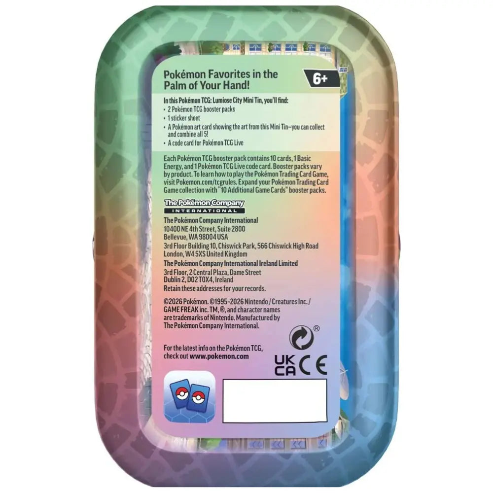 Pokemon Lumiose City Mini Tin Rückseite – Inhalt: 2 Booster, Art Card, Sticker, TCG Live Code