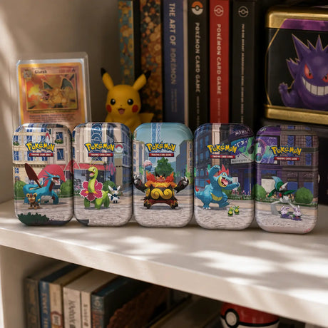 Pokemon Lumiose City Mini Tins – alle 5 Designs auf Sammler-Regal, mit Pikachu-Figur und Charizard-Karte