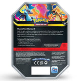 Pokemon Mega Charizard Tin Rückseite – Inhalt: 1 Foil Promo, 4 Booster, TCG Live Code Card
