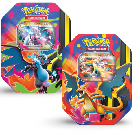 Pokemon Mega Charizard Tin – Mega Charizard X ex und Y ex Tin nebeneinander auf weißem Hintergrund