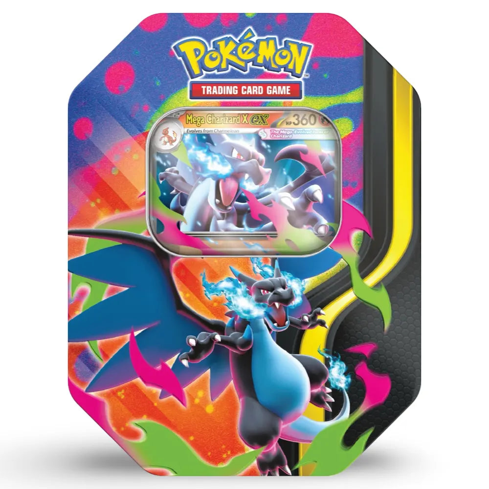 Pokemon Mega Charizard Tin – Mega Charizard X ex Promo Tin Nahaufnahme, blaues Artwork