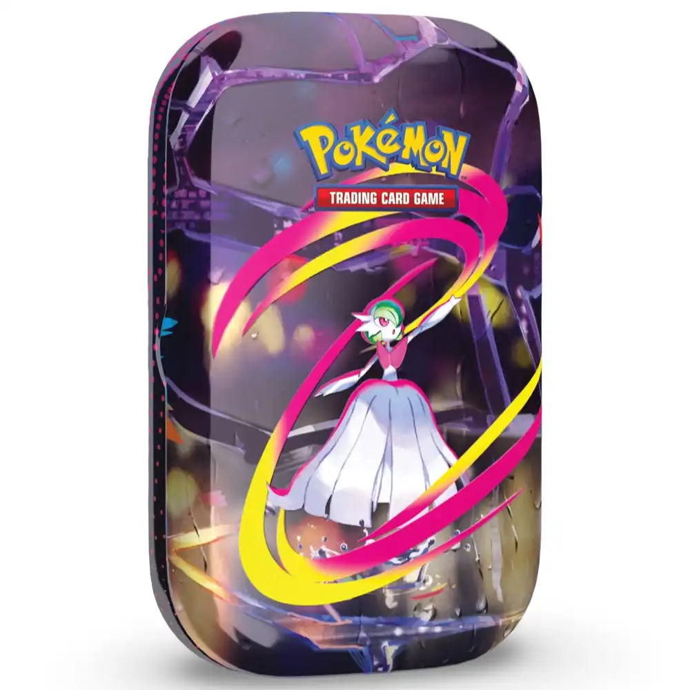 Pokemon Mega Heroes Mini Tin – Guardevoir Variante mit rosa-gelbem Swirl-Artwork auf weissem Hintergrund