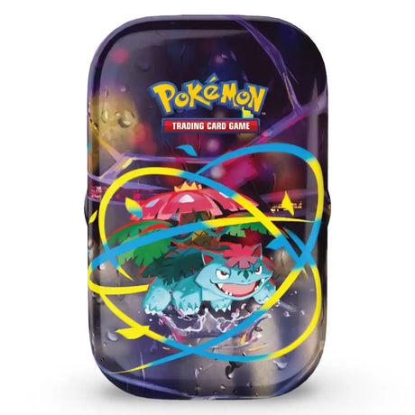 Pokemon Mega Heroes Mini Tin – Mega Bisaflor Variante mit gelb-grueenem Swirl-Artwork auf weissem Hintergrund