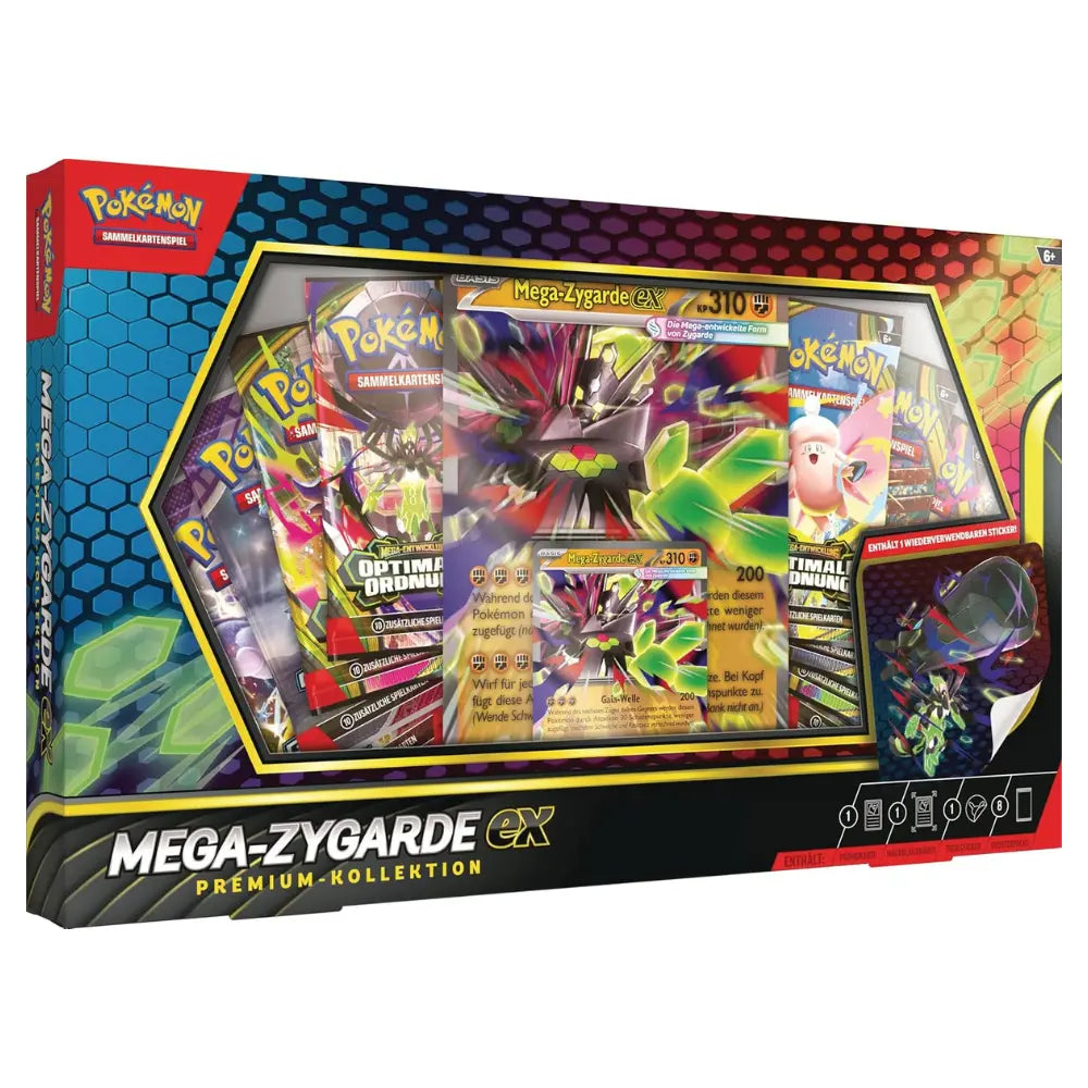 Pokemon Mega-Zygarde ex Premium Kollektion (DE) – Box Frontansicht mit Promo-Karte, 8 Boostern und Tech-Sticker