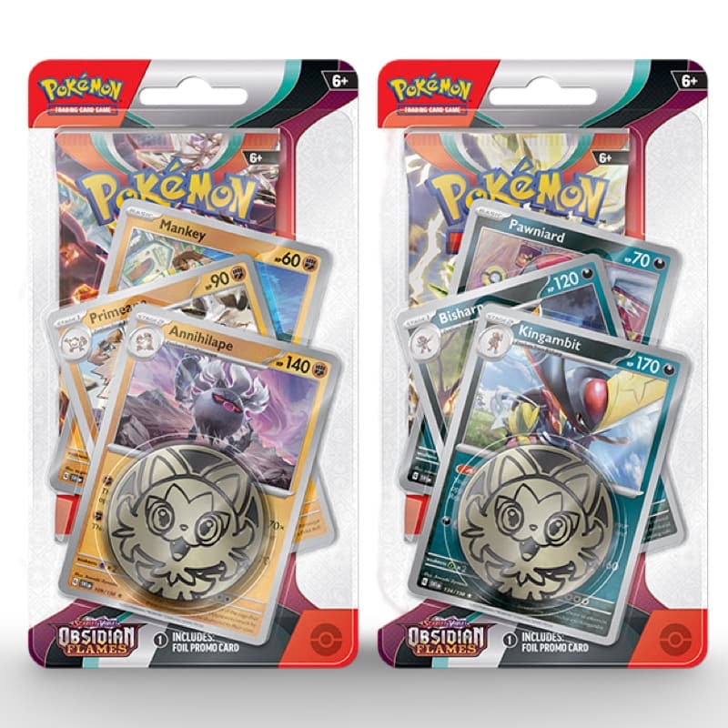 Pokemon Obsidian Flames 1-Pack Premium Blister – beide Varianten: Annihilape-Linie links, Kingambit-Linie rechts mit Spielmuenze