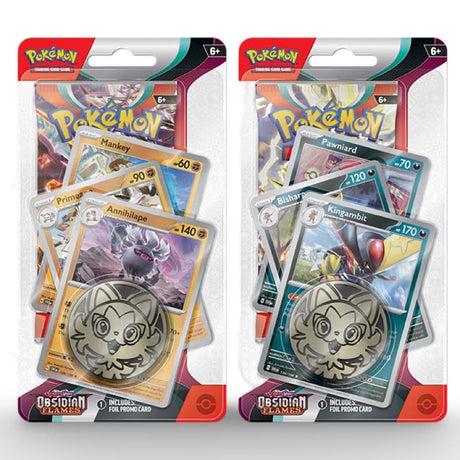 Pokemon Obsidian Flames 1-Pack Premium Blister – beide Varianten: Annihilape-Linie links, Kingambit-Linie rechts mit Spielmuenze