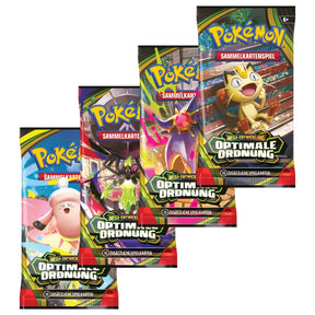 Pokemon Optimale Ordnung Booster DE – vier aufgefaecherte Booster-Packs mit Mega Clefable, Ariados, Starmie und Meowth-Artwork, Mega-Entwicklung