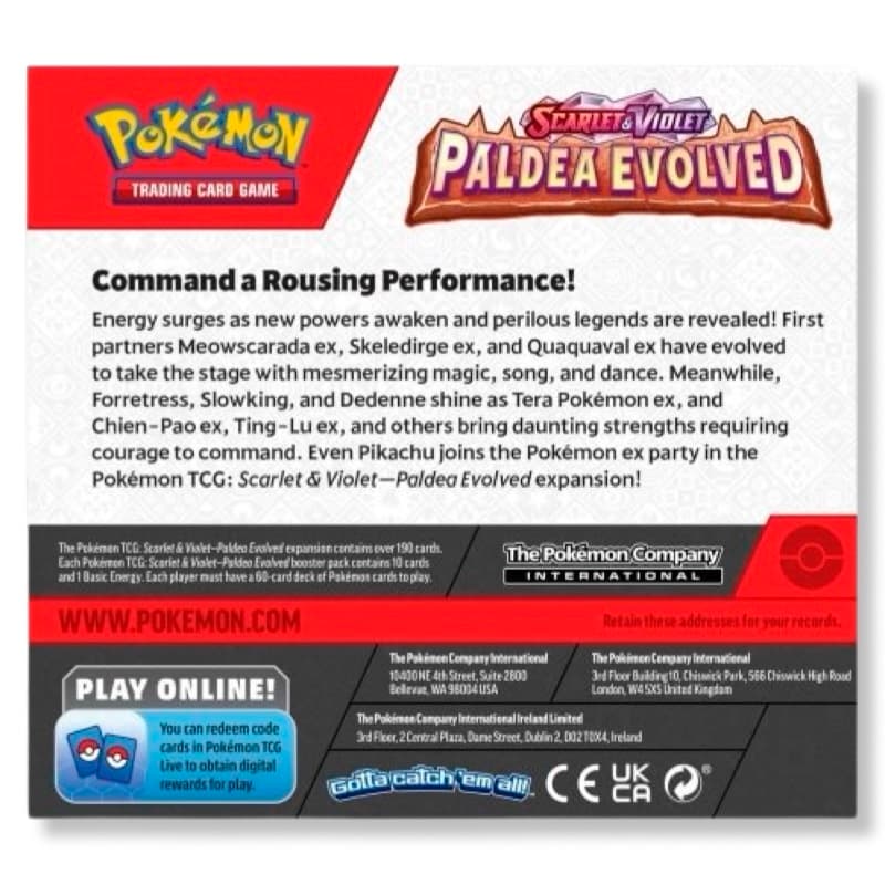 Pokemon Paldea Evolved Display Rueckseite – Beschreibung mit Meowscarada ex, Chien-Pao ex, Ting-Lu ex und ueber 190 Karten