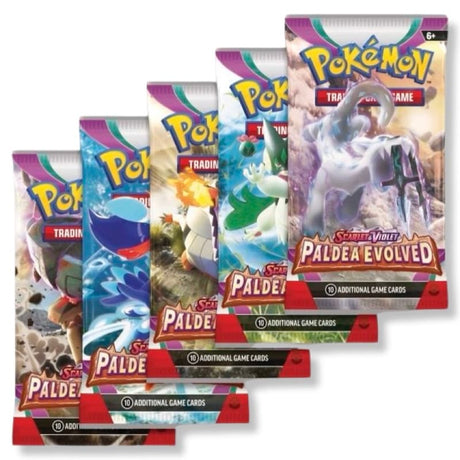 Pokemon Paldea Evolved Booster Packs gefaechert – 5 verschiedene Artworks aus dem Scarlet & Violet Paldea Evolved Set SV02