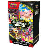 Pokemon Perfect Order Booster Bundle – schraege Frontansicht der schwarzen Bundelbox mit Mega Zygarde, Meowth, Clefable und Ariados-Artwork