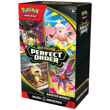 Pokemon Perfect Order Booster Bundle – schraege Frontansicht der schwarzen Bundelbox mit Mega Zygarde, Meowth, Clefable und Ariados-Artwork