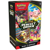 Pokemon Perfect Order Booster Bundle – Frontansicht der schwarzen Box mit Mega Evolution Perfect Order Branding und sechs enthaltenen Boostern