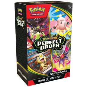 Pokemon Perfect Order Booster Bundle – Frontansicht der schwarzen Box mit Mega Evolution Perfect Order Branding und sechs enthaltenen Boostern
