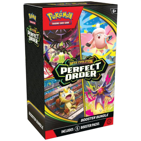 Pokemon Perfect Order Booster Bundle – Frontansicht der schwarzen Box mit Mega Evolution Perfect Order Branding und sechs enthaltenen Boostern