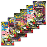 Pokemon Perfect Order Booster Bundle – sechs aufgefaecherte Booster-Packs mit Meowth, Clefable und Ariados-Artwork auf schwarzem Hintergrund