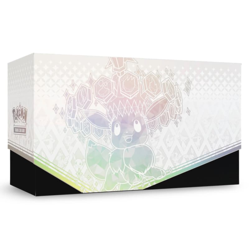 Pokemon Prismatic Evolutions ETB – weisse Sammelbox mit holografischem Eevee-Design und Regenbogen-Gradient